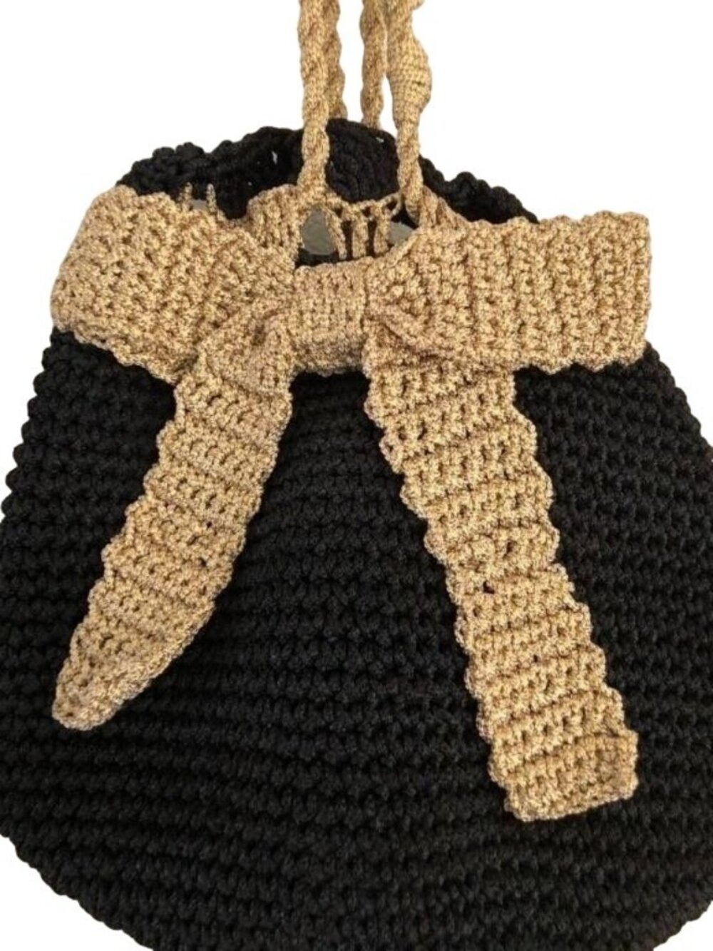 Timmy Woods Beverly Hills Vintage Black Crochet Woven Bucket Bag with Gold Bow - Picture 2 of 3